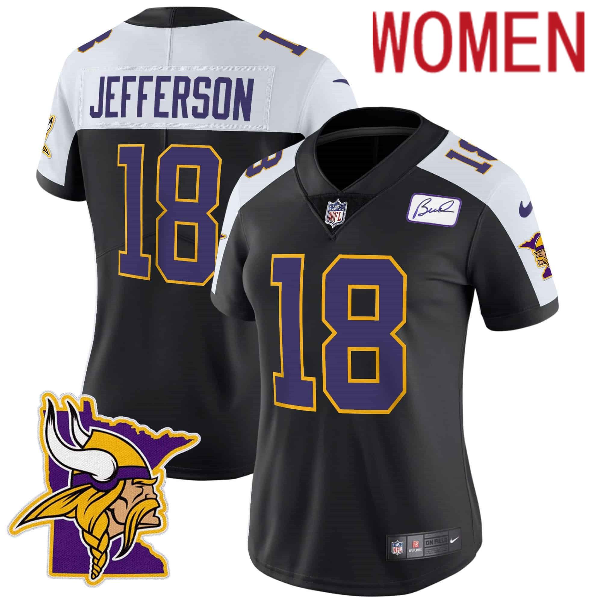 Women Minnesota Vikings #18 Jefferson Black 2024 Nike Patch Classic Limited NFL Jersey